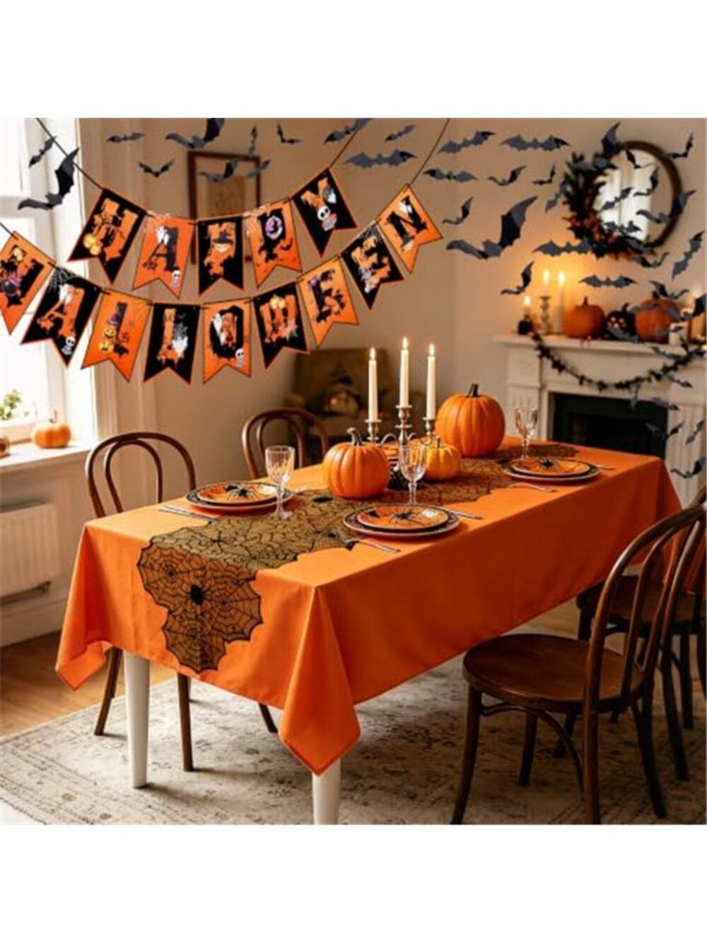 Halloween Table Runner 18 x 72 Inch Happy Halloween Banner 60pcs 3D Bats - Picture 2 of 7